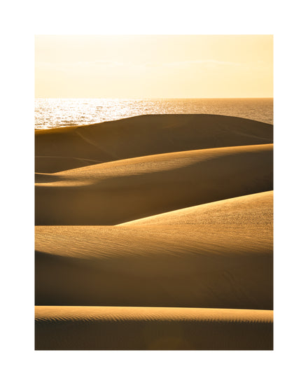 Sand dunes and a calm sea sparkling like gold.