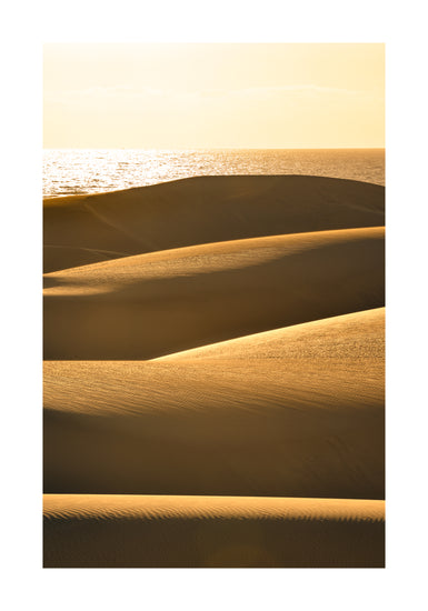 Sand dunes and a calm sea sparkling like gold.