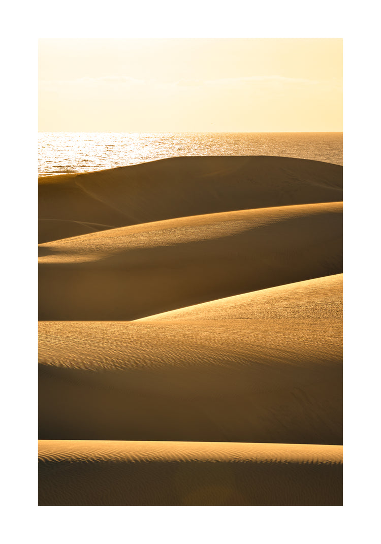 Sand dunes and a calm sea sparkling like gold.