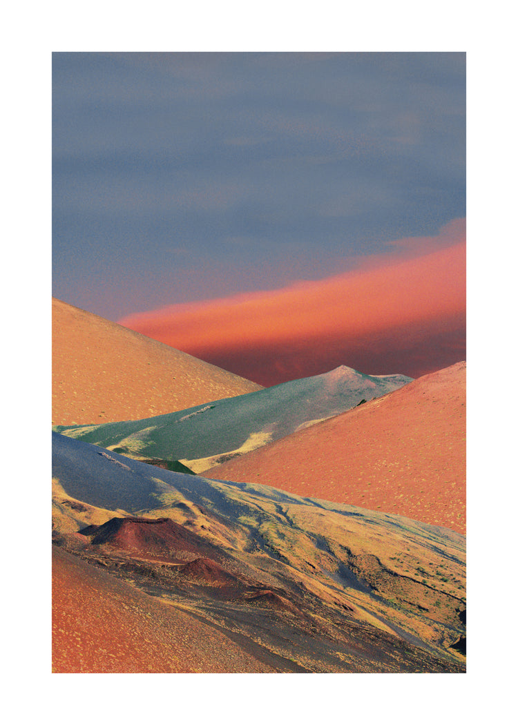 Colorful mountain scenery sparkling under a blue sky with crimson clouds.