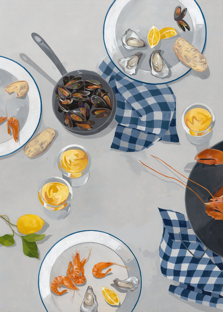Break Out of the Shell I Poster: A seafood meal illustration with oysters, shrimp, lemon wedges, and a pan of mussels. Yellow drinks and checkered napkins enhance the fresh, summery vibe.