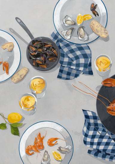 Illustration of a seafood spread on a white table with shrimp, mussels, and oysters, accompanied by bread, lemon slices, and yellow sauce. A blue-checkered cloth adds charm under some dishes with lemons and leaves nearby. Ideal for the Break Out of the Shell I Poster by Cat Gerke from Wallbaby.