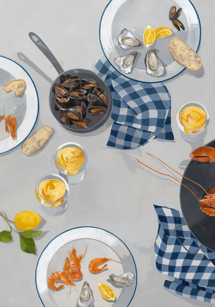 Illustration of a seafood spread on a white table with shrimp, mussels, and oysters, accompanied by bread, lemon slices, and yellow sauce. A blue-checkered cloth adds charm under some dishes with lemons and leaves nearby. Ideal for the Break Out of the Shell I Poster by Cat Gerke from Wallbaby.
