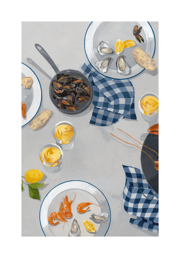 Illustration of a seafood meal featuring shrimp, mussels, oysters with lemon wedges, sliced bread, and checked napkins. A pan of mussels and drinks in glass cups set a casual nautical theme by Cat Gerke. This is ideal for a Wallbaby poster called Break Out of the Shell I.