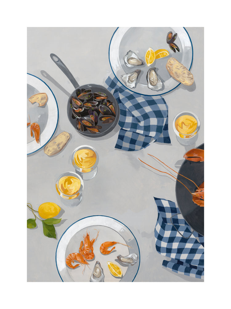 The Break Out of the Shell I Poster features a table setting with seafood dishes like shrimp, oysters, and mussels. Plates of sliced bread and lemon wedges are accented by blue checkered napkins, while glasses with a light drink complete this elegant seaside dining scene.