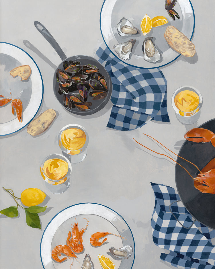 Break Out of the Shell I Poster: A table with plates of fresh seafood—oysters, shrimp, and mussels—is paired with bread slices, lemon wedges, and three glasses of a light drink. Blue checkered napkins surround a platter featuring a whole lobster, creating a scene perfect for any gourmet display.