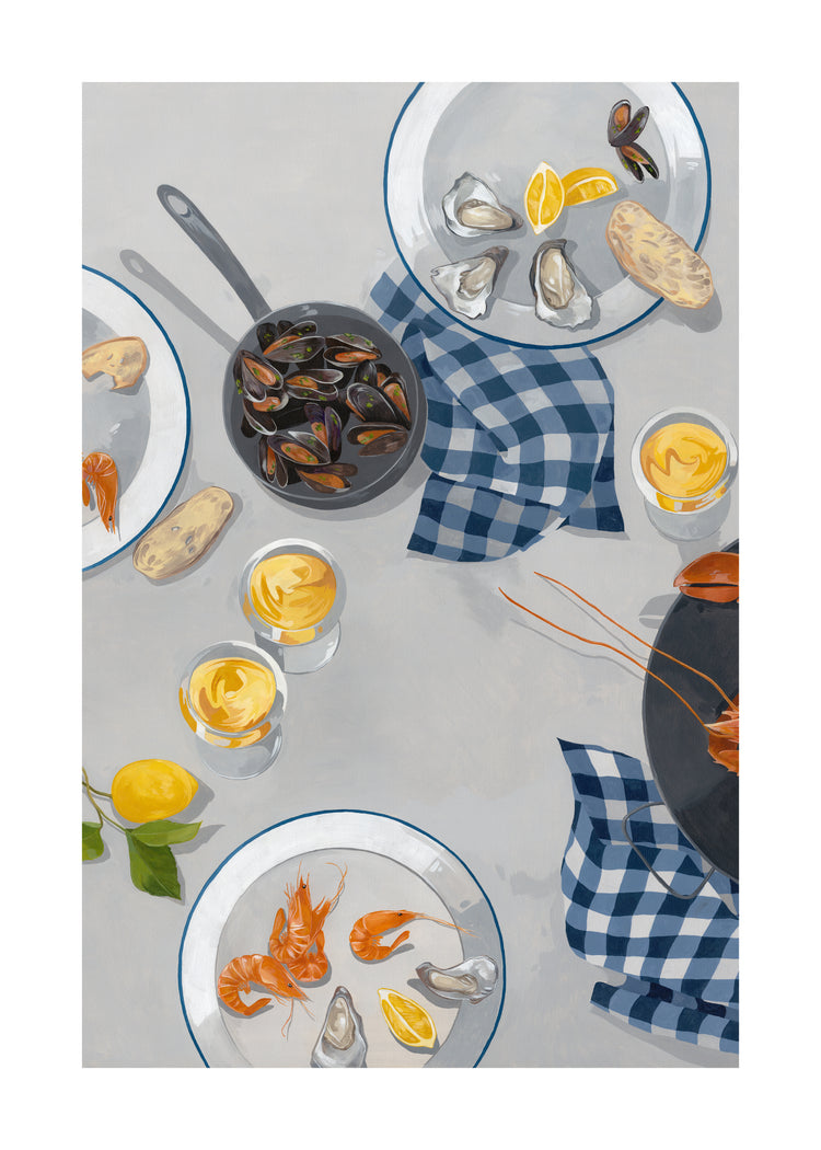 Aerial shot of a table adorned with seafood dishes echoing the Break Out of the Shell I Poster. Plates of shrimp, mussels, and oysters sit beside lemon wedges and several glasses filled with creamy yellow sauce. Blue and white checkered napkins are artfully scattered across the table.