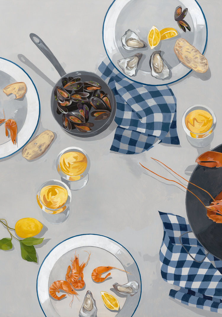 A table showcases plates of oysters, mussels in a pan, and shrimp with lemon wedges. Glasses of yellow beverages sit next to slices of bread. Blue and white checkered napkins are scattered around, evoking the essence of a Break Out of the Shell I Poster in real life.