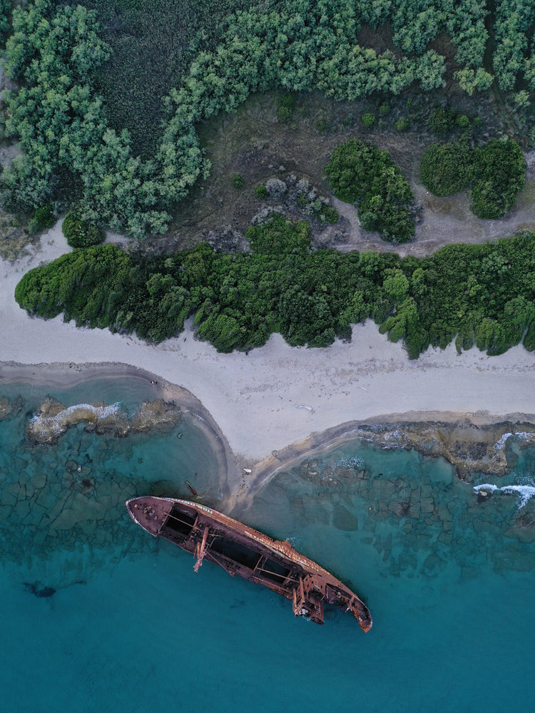 A shipwreck washed up on shore laying between the blue ocean and a green forest.