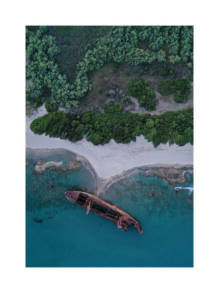 A shipwreck washed up on shore laying between the blue ocean and a green forest.
