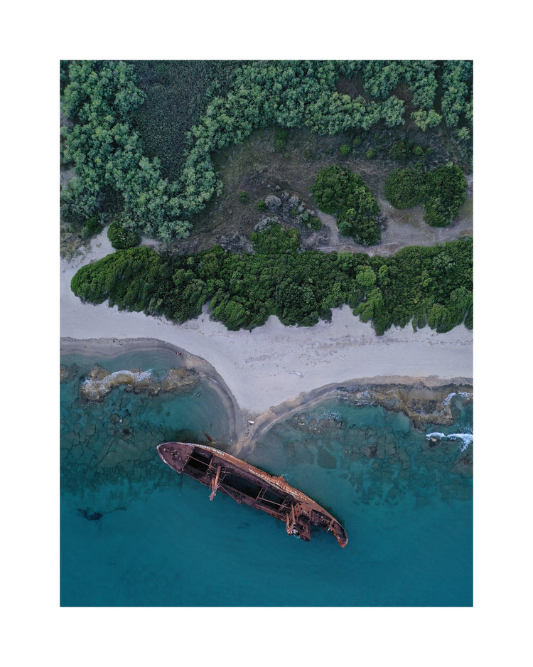 A shipwreck washed up on shore laying between the blue ocean and a green forest.