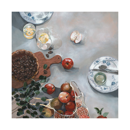 A How Do You Like These Apples Poster depicts a rustic table scene featuring peaches, tomatoes in a mesh bag, red apples, and a basket of seeds on a wooden board. Two glasses with lemon slices and a plate of halved fruit enrich the warm decor as a leafy branch adorns the corner.
