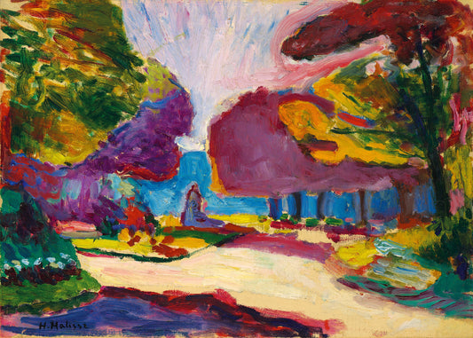Colorful landscape painting with trees and a building