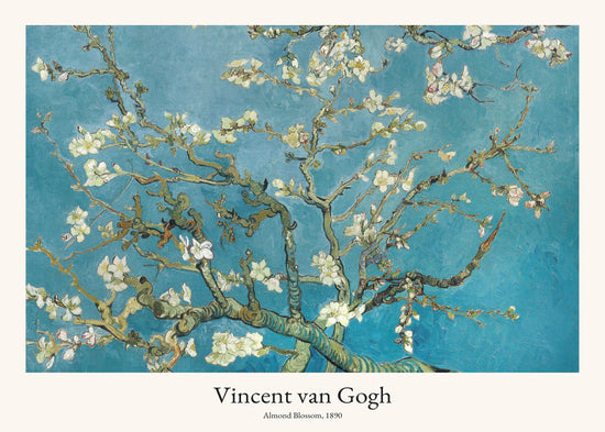 The Almond Blossom by Vincent van Gogh Poster, showcasing elegant almond branches with white blossoms against a vibrant blue sky, is a stunning 1890 print perfect for art gallery decor.