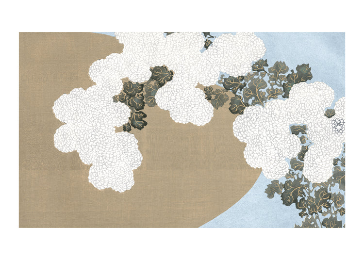 A poster featuring a traditional Japanese woodblock print-style design with white chrysanthemums against a beige and grey background.