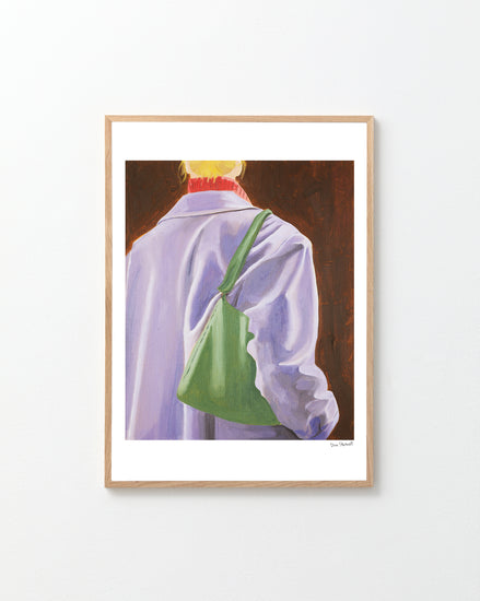 Framed artwork of a person with a green bag on a white background.