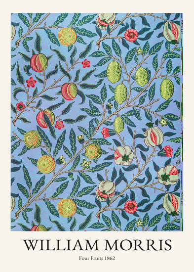 The Four Fruits by William Morris poster, from 1862, showcases a colorful historical design with fruits like lemons and peaches amid green leaves on a blue background. The text below reads “WILLIAM MORRIS, Four Fruits 1862.”.