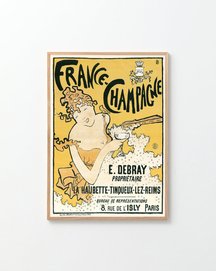 The France-Champagne Poster is a vintage Art Nouveau piece featuring a woman with a flute of French champagne. Highlighting E. Debray, proprietor, it showcases a whimsical style with a yellow and cream color scheme and includes an address in Paris.