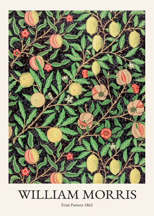 A vibrant Fruit Pattern by William Morris poster beautifully illustrates yellow and pink fruits, green leaves, and red flowers against a rich, dark background.