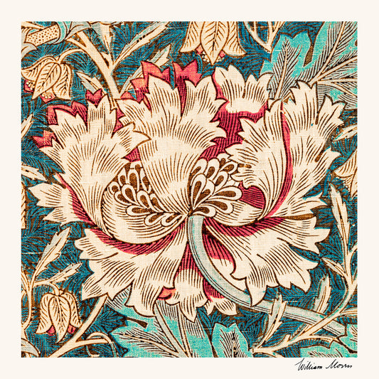 The Honeysuckle by William Morris poster features a large, intricate flower with cream, red, and brown petals against a vivid blue backdrop adorned with leaves, capturing the Arts and Crafts era elegance.