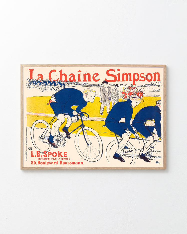 Vintage-style poster of cyclists with 'La Chaène Simpson' branding on a white background.