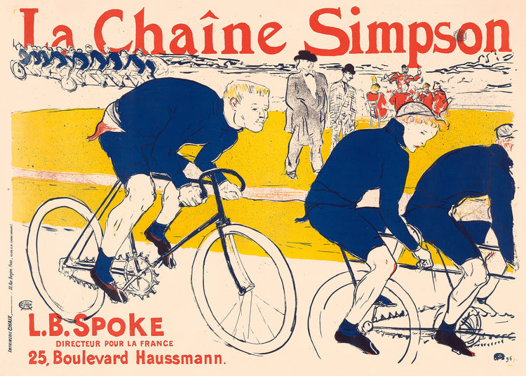 A vintage poster featuring a colorful illustration of two cyclists racing, with bold blue and yellow hues on a light background, advertising 'La Chaïne Simpson' bicycle chain.