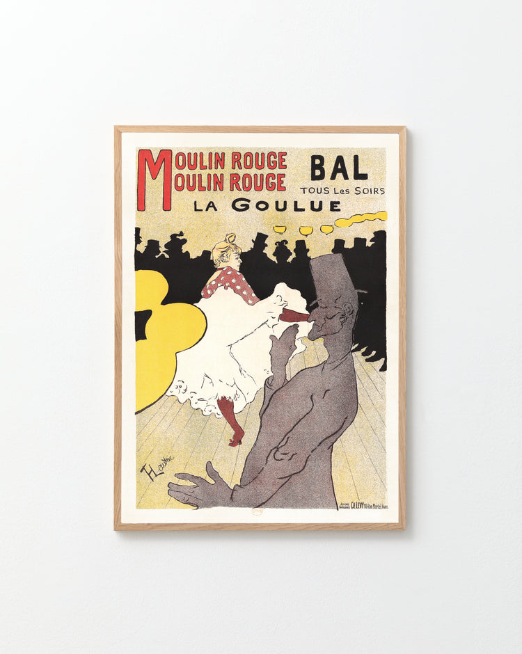 The La Goulue by Henri de Toulouse-Lautrec Poster depicts a dancer in a white dress and red stockings on the vibrant Moulin Rouge stage, capturing the whimsical illustration style and timeless charm.