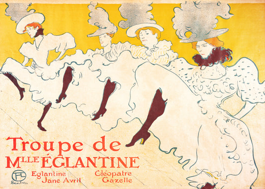 With its yellow and red cover, the captivating La Troupe de Mademoiselle Eglantine poster by Henri de Toulouse-Lautrec captures a group of women dancing, echoing the vibrant energy of Belle Époque wall art.