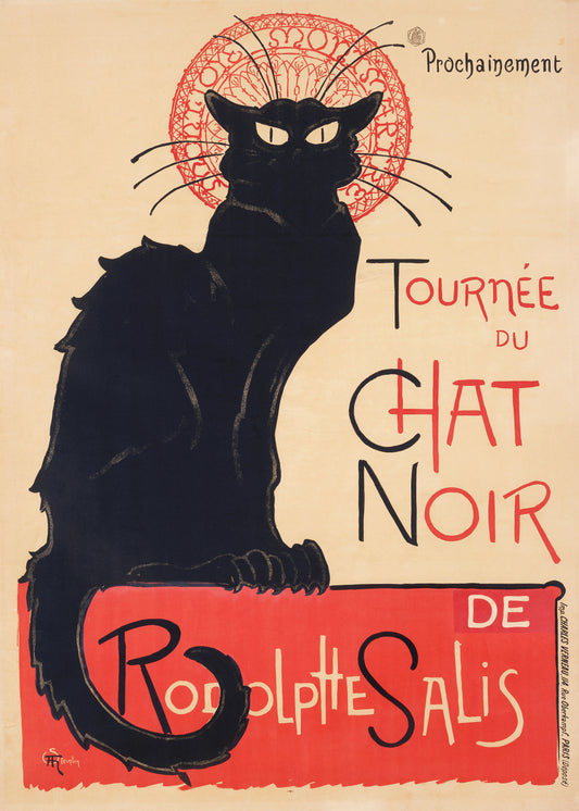 A Le Chat Noir by Théophile-Alexandre Steinlen poster exudes Parisian chic, featuring a stylized black cat with an arched back and red halo, and the elegant text Tournée du Chat Noir de Rodolphe Salis.