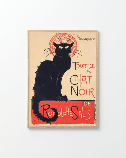 The Le Chat Noir by Théophile-Alexandre Steinlen Poster showcases a black cat on a vintage-inspired yellowed background, featuring bold text Tournée du Chat Noir de Rodolphe Salis and a decorative red backdrop highlighting Parisian chic.