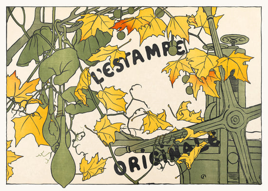 A vintage poster featuring Art Nouveau style with autumn leaves, an antique printing press, and the text 'L'ESTAMPE ORIGINALE'.