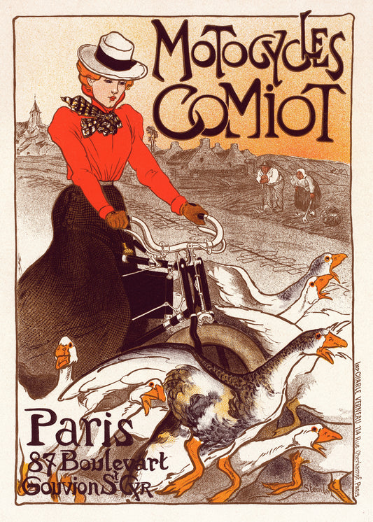 The Motocycles Comiot by Théophile-Alexandre Steinlen Poster showcases a vintage retro-style scene of a woman wearing a red blouse and white hat, riding through geese. Perfect for home décor, it reads Motorcycles Comiot with the address Paris, 87 Boulevard Gouvion St-Cyr.