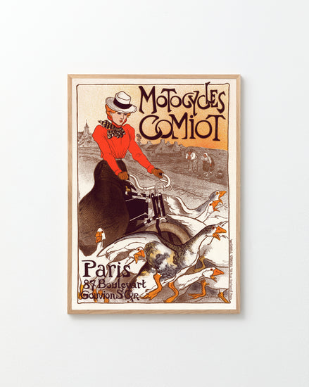 The vintage Motocycles Comiot poster by Théophile-Alexandre Steinlen features a person in a red coat riding a motorcycle among geese, enhanced by Art Nouveau text about Paris. Ideal for home décor, it exudes retro elegance.