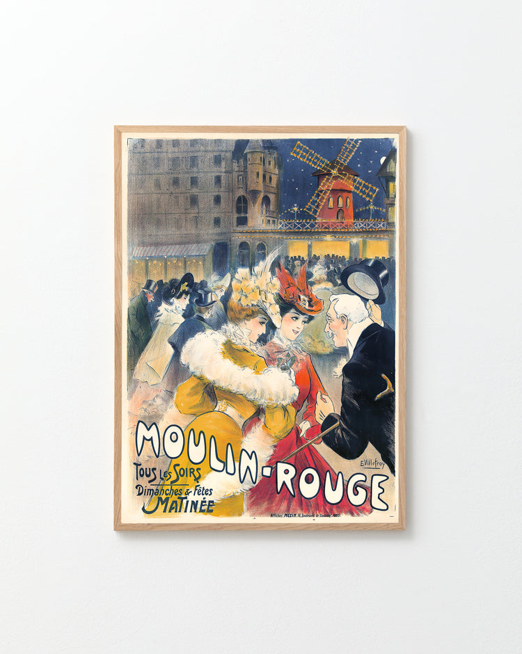 The Moulin Rouge by E. Villefroy 1900 Poster captures the allure of a Belle Époque Parisian nightclub, featuring people in period clothing with windmills and buildings in the background, and bold text announcing: Moulin Rouge.