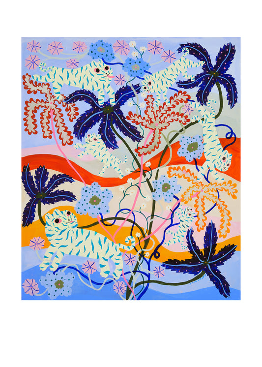 The Mumble Fizz Poster showcases an abstract design with vibrant colors and shapes. Stylized blue, white, and orange plants or trees with curved lines dominate the piece. A dynamic backdrop of wavy orange and blue sections adds energy and intrigue to this bold artwork.