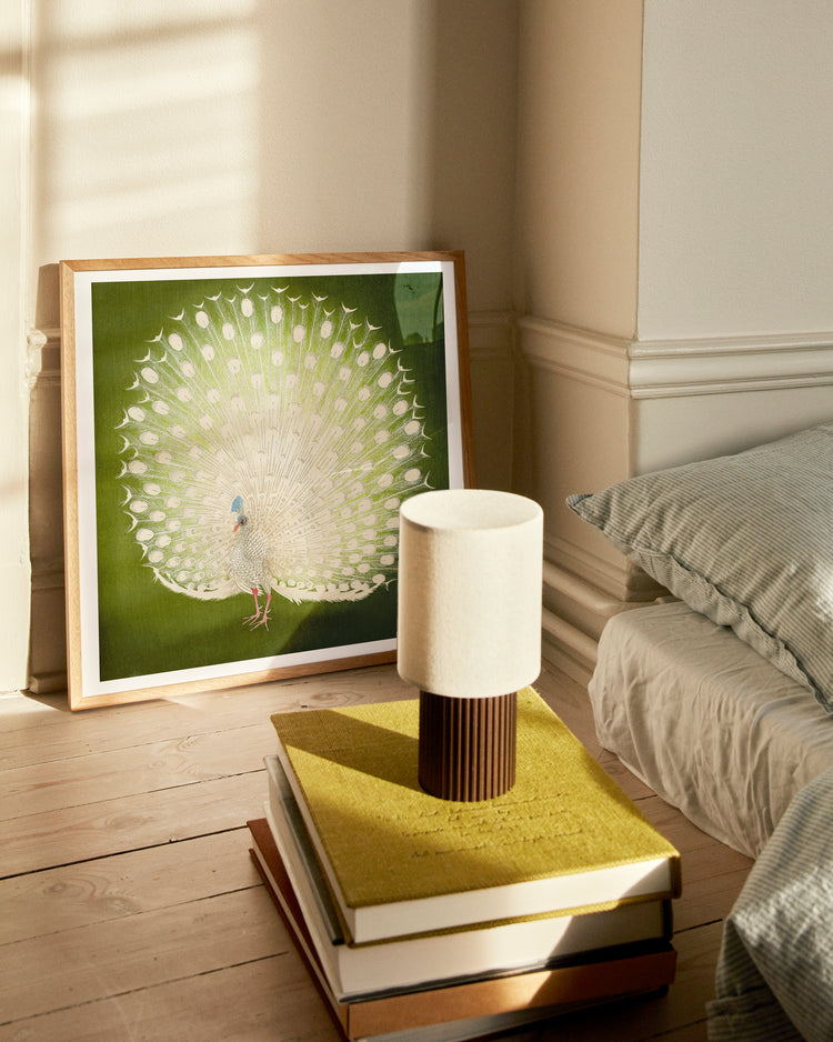 Framed peacock feather art on a wooden floor with a lamp and books.