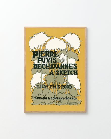 Framed Pierre Puvis de Chavannes poster with an Art Nouveau design showcasing white floral shapes on a yellow background. Text includes: A Sketch by Lily Levis Rood, L. Prang & Co., Boston.