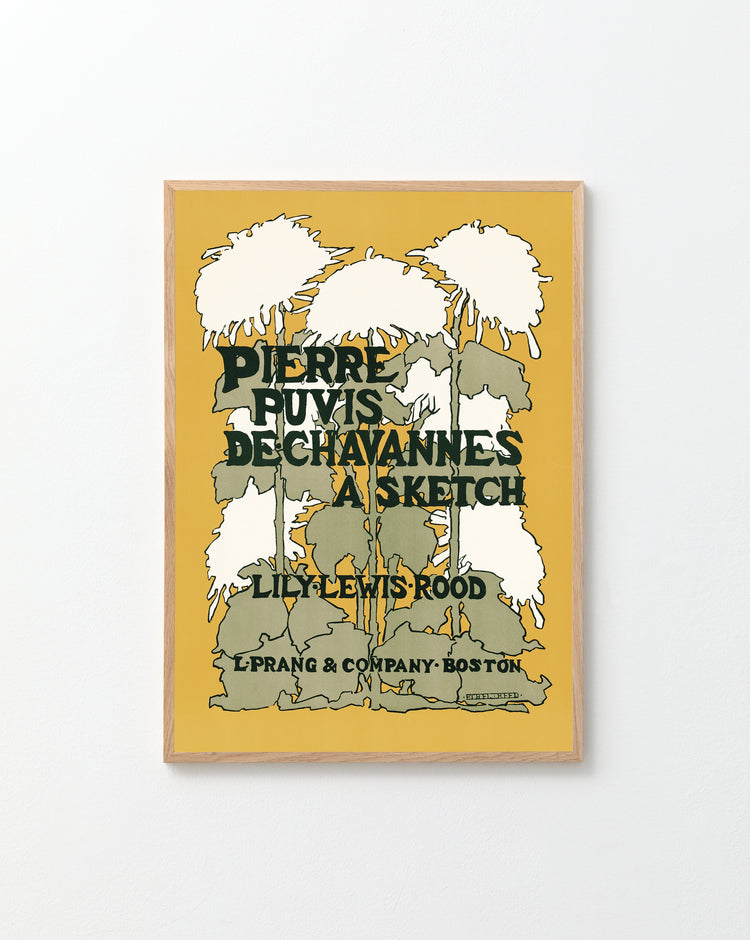 Framed Pierre Puvis de Chavannes poster with an Art Nouveau design showcasing white floral shapes on a yellow background. Text includes: A Sketch by Lily Levis Rood, L. Prang & Co., Boston.