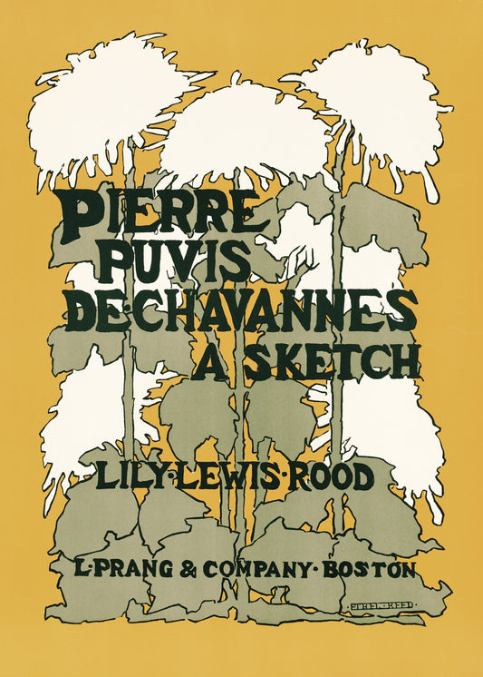 Art Nouveau-style Pierre Puvis De Chavannes: A Sketch by Lily Lewis-Rood, features stylized floral designs in green and white on a warm yellow background. Published by L. Prang & Co., Boston, its available as the Pierre Puvis de Chavannes Poster.