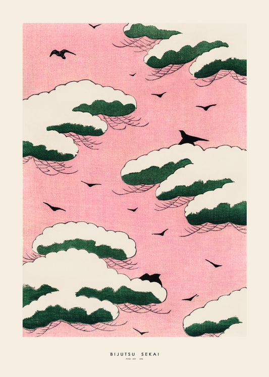 Pink Sky by Watanabe Seitei Poster features stylized white and green clouds on a pink sky with soaring black birds, echoing Japanese woodblock prints. The textured look makes it perfect for home decor, with Bijutsu Sekai text at the bottom.