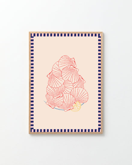 The Saint-Jacques du Marché poster features an abstract collage of red-outlined shell shapes resembling scallops, set on a beige background with a blue and white striped border.