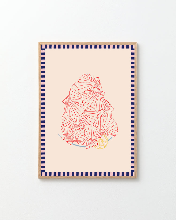 The Saint-Jacques du Marché poster features an abstract collage of red-outlined shell shapes resembling scallops, set on a beige background with a blue and white striped border.