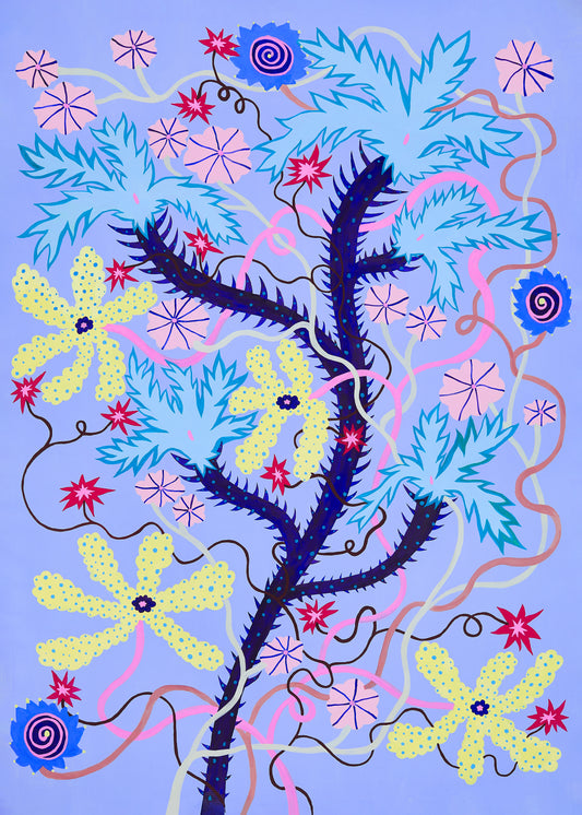 The Someplace Both Wonderful & Strange Poster features a vibrant abstract artwork with blue leaves, yellow wildflowers, and pink spirals on a light purple background, accented by dark stems and swirling lines for a dynamic surreal landscape feel.