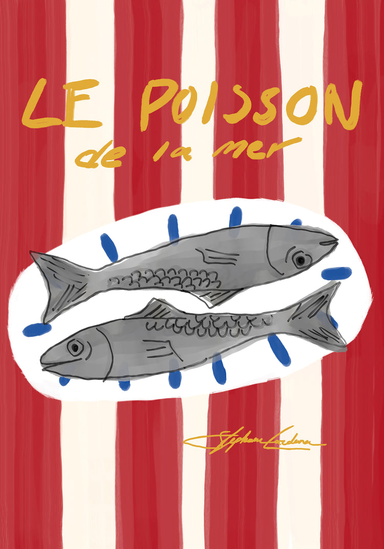 The Le Poisson Poster features two gray fish on a white oval plate with blue accents set against a red and beige striped background. The yellow words Le Poisson de la mer add a coastal touch, and the artist’s signature highlights the digital illustrations detailed craftsmanship.