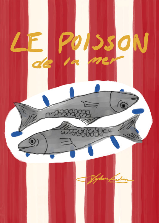 The Le Poisson Poster features a digital illustration of two fish on an oval plate with blue accents, set against a red and white striped background, capturing a coastal vibe. The text above reads Le Poisson de la Mer in yellow and white cursive.