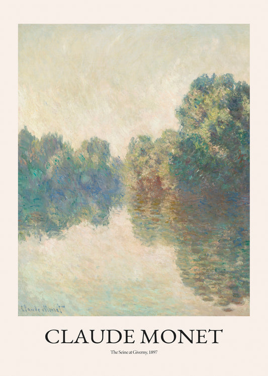 Claude Monets The Seine at Giverny art poster beautifully depicts a serene river scene with lush trees reflecting in the water, highlighting his exceptional use of light and color to evoke the tranquil French countryside.