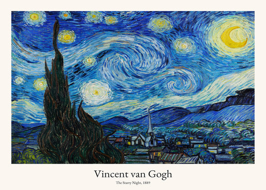 A poster titled The Starry Night by Vincent van Gogh features a night sky of swirling stars and a bright moon above a small town with a notable cypress tree, originally created in 1889.