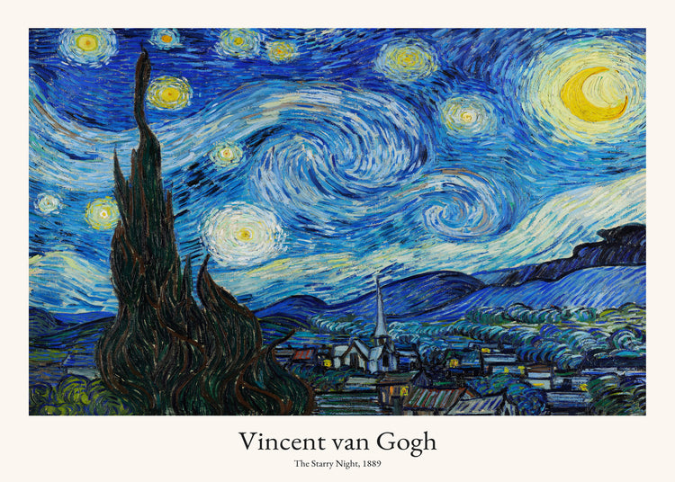 A poster titled The Starry Night by Vincent van Gogh features a night sky of swirling stars and a bright moon above a small town with a notable cypress tree, originally created in 1889.