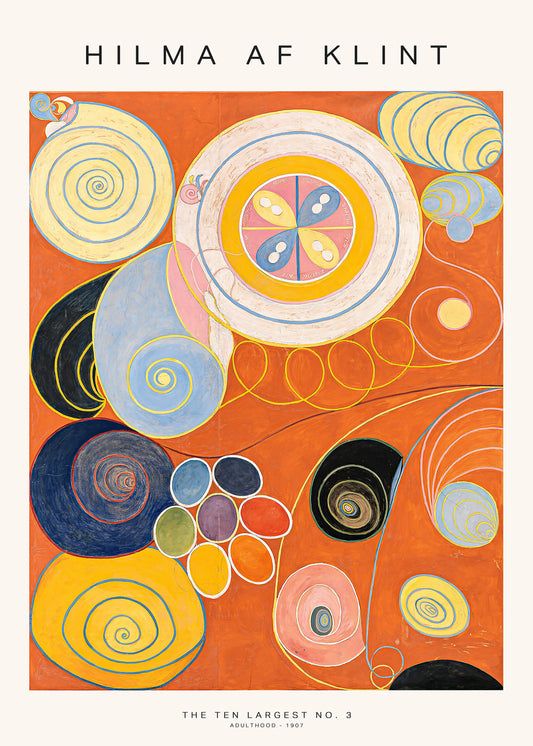 A vibrant poster featuring abstract patterns and colorful circles in orange, yellow, blue, and pink on a red background, with the text 'HILMA AF KLINT' and 'THE TEN LARGEST NO. 3' at the top.