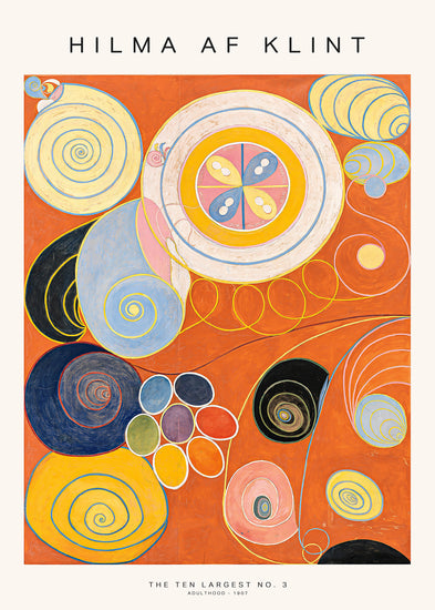 A vibrant poster featuring abstract patterns and colorful circles in orange, yellow, blue, and pink on a red background, with the text 'HILMA AF KLINT' and 'THE TEN LARGEST NO. 3' at the top.
